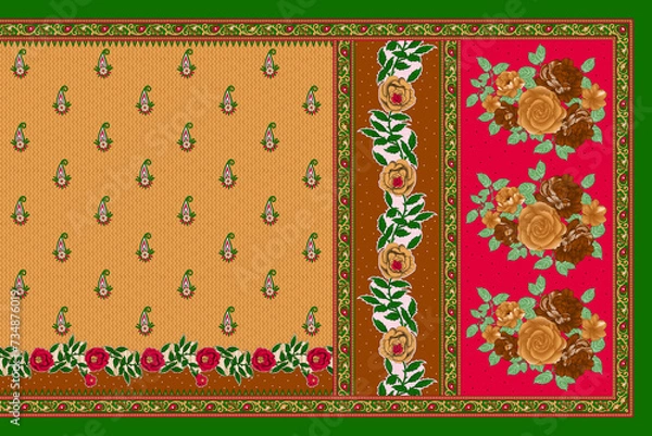 Fototapeta multi patterns with colorful sari design for textile printed u can used texture, graphic, background. Abstract border pattern geometrical textile saree in colorful background and digital Flower design