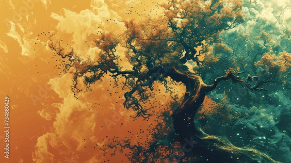 Fototapeta A painting of a tree with a sky background