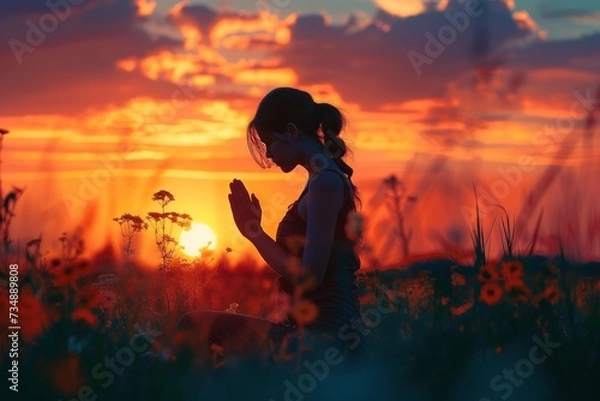 Obraz Experience a serene and spiritual moment as you witness the silhouette of a woman kneeling in prayer, captured in a realistic photo that conveys peace, faith, and contemplation.