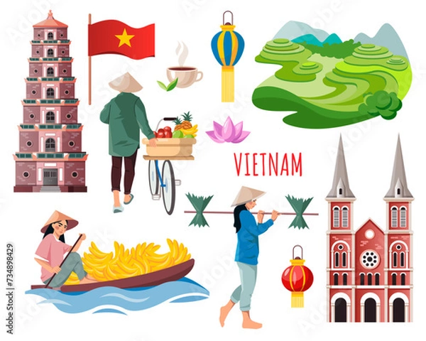 Fototapeta A set of vector illustrations of people, sights and architecture of Vietnam. Asian travel and tourist attractions isolated on a white background