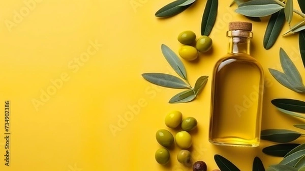 Obraz olive oil bottle with green olives background with copy space
