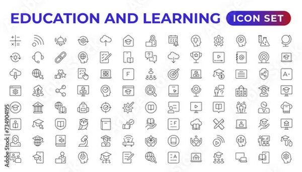 Fototapeta Education line icon collection.Contains knowledge, college, task list, design, training, idea, teacher, file, graduation hat, institute, ruler,and telescope.Education set of web icons in style.