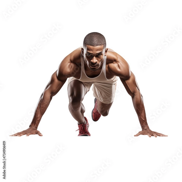 Obraz Man Sprinter Leaving Starting Blocks on Running Track isolated on white and transparent background. Ideal for use in advertising. Generative ai