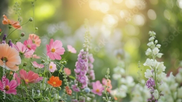 Fototapeta fresh, blossoming garden scene with flowers in soft pop color palette