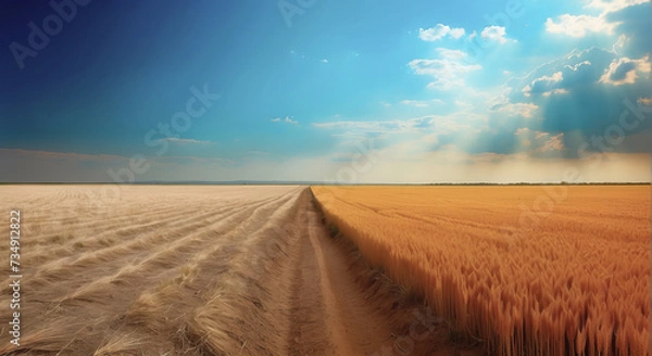 Obraz dramatic image of two opposite environments: a barren land with dry soil and a fertile field with golden wheat.