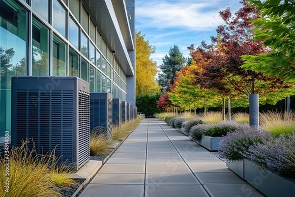 Fototapeta A long walkway flanked by plants leading to a commercial building with HVAC systems.