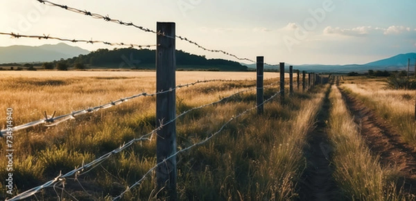 Obraz Barbed security wire on a fence in a field or border 