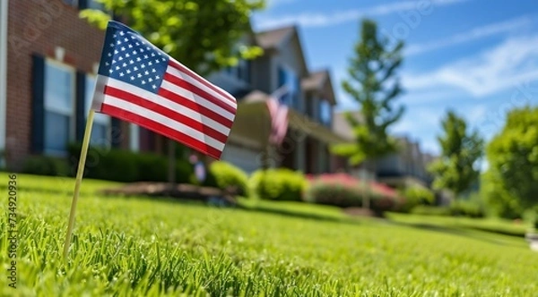 Fototapeta American Flag Waving in Nature and Residential Area. Generative ai