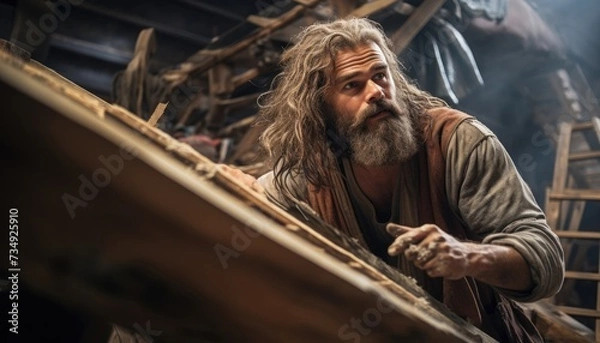 Obraz Noah With Long Hair and Beard Building the Ark