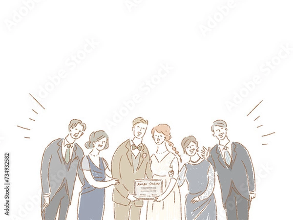 Obraz 結婚証明書を持った新郎新婦と両家の両親、（ウエディングフォト）、文字なし