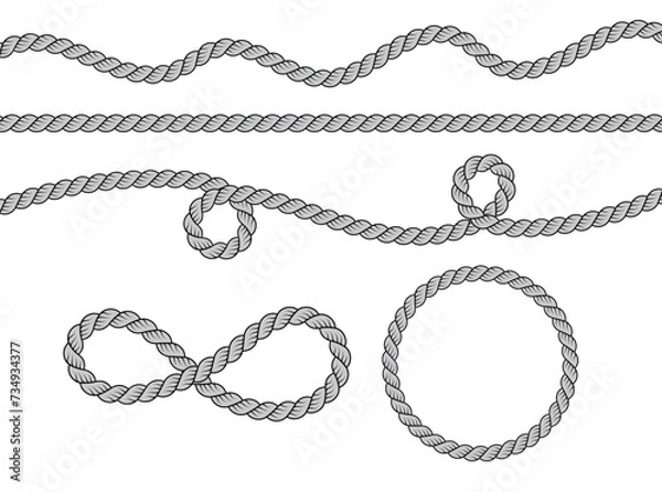 Fototapeta Straight, wavy, circle and infinity rope brush and pattern, black monochrome silhouette. Flat vector illustration isolated on white background.