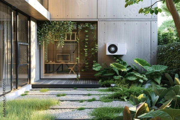 Fototapeta Outside Air Conditioner source heat in modern .house with garden