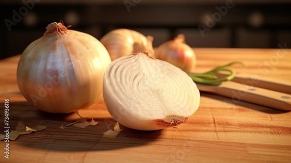 Fototapeta One of several onions cut in half on a cutting board.