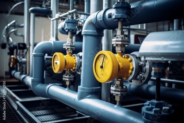 Fototapeta Detailed view of an industrial engine coolant system with visible pipes, valves, and gauges against a background of concrete walls and steel beams