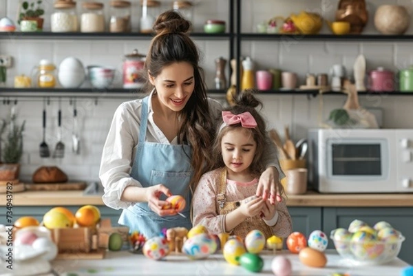 Obraz mother and daughter paint Easter eggs