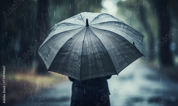 Fototapeta Person holds umbrella under rain on dark background, close up, copy space