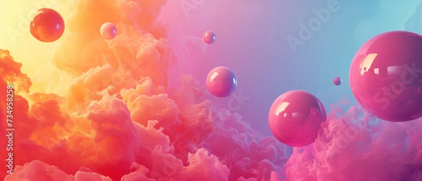 Fototapeta A whimsical digital art piece banner featuring glossy pink spheres floating in an orange cloud-filled sky, suitable for imaginative visuals or futuristic design concepts. High quality illustration