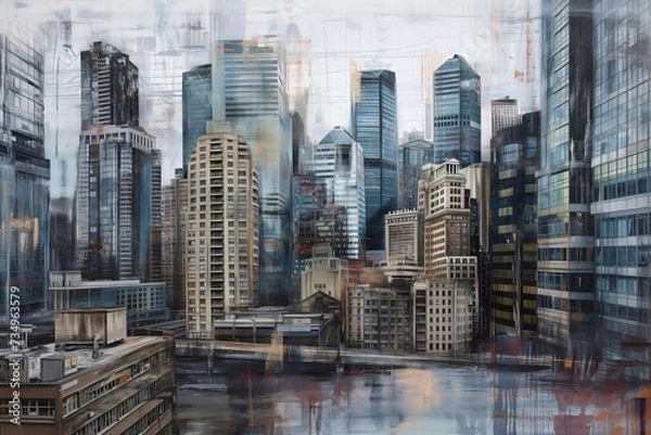 Fototapeta Abstract Urban Landscape Painting with Textured Skyscrapers and Water Reflection