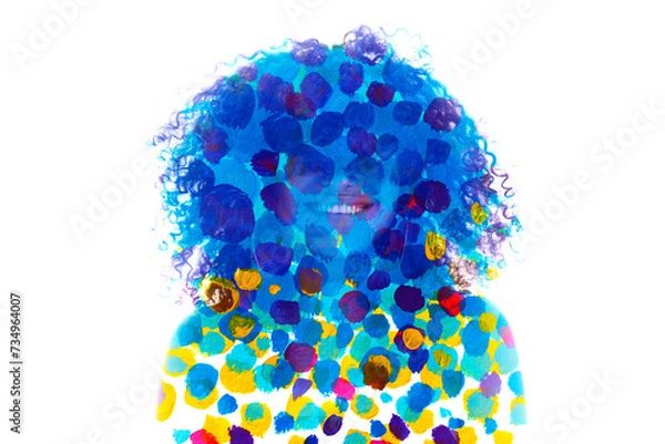 Fototapeta A full-front double exposure paintography portrait of a young smiling woman