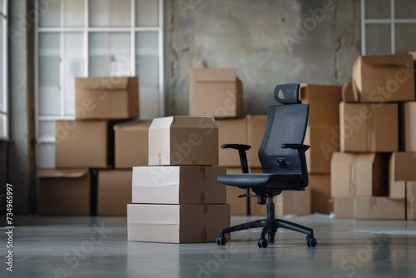 Fototapeta Stack of cardboard boxes with stuff and office chair in empty office room. Moving to new office, relocating, crisis, remote working, start new business, e-commerce concept