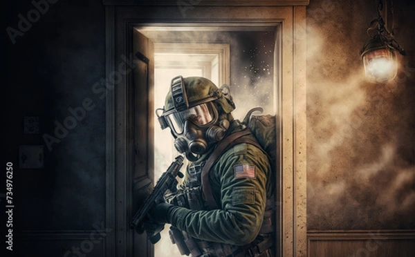 Fototapeta A soldier in a gas mask and a gas mask is standing in a doorway