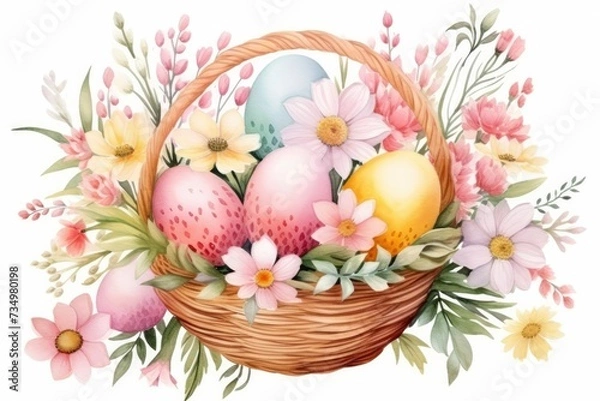 Fototapeta Holiday Easter card. Multi-colored Easter eggs in a wicker basket, spring flowers on a white background. Watercolor illustration