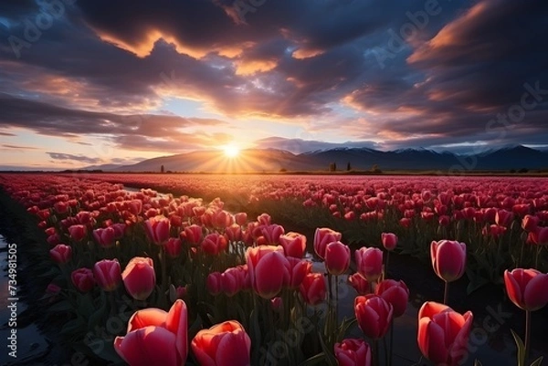 Obraz Tulip field in sunrise