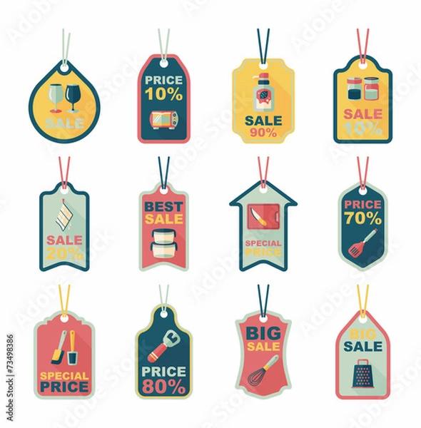 Fototapeta Kitchenware tag flat banner background set, eps10