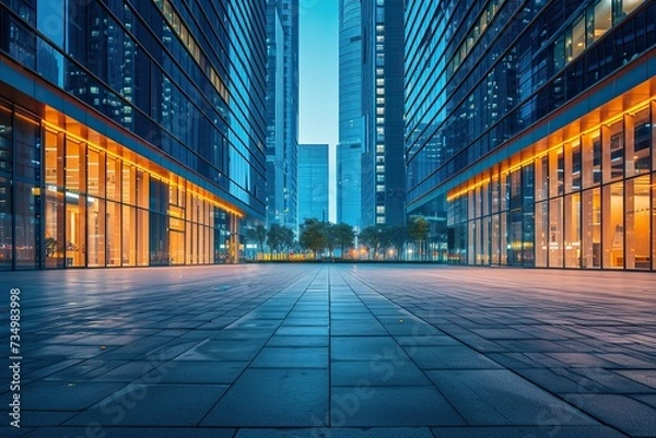 Fototapeta modern office buildings in hangzhou west lake square at night on view from empty street. Creative Banner. Copyspace image