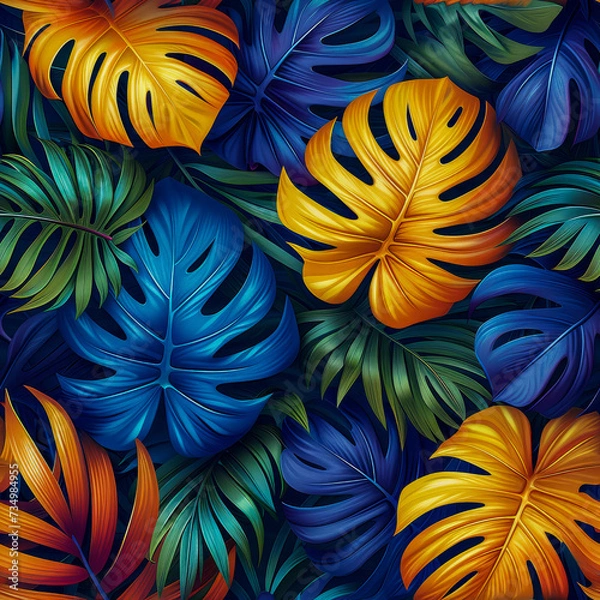 Fototapeta Leaves tropical rainforest, as frameless background, ai generated
