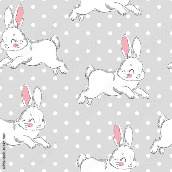 Fototapeta Hand Drawn Cute Bunny Vector Pattern, print design rabbit seamless background, children print textile design