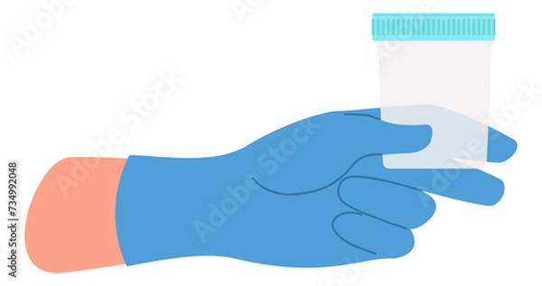 Fototapeta Medical worker hand hold plastic cup. Sample testing