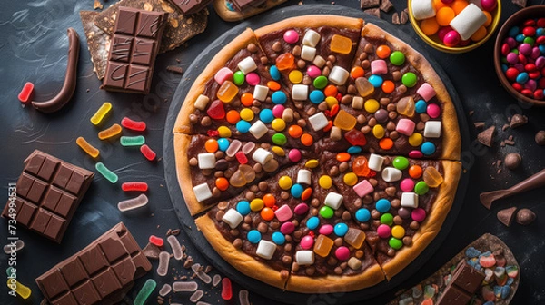 Fototapeta Dessert pizza with assorted candy and chocolate.