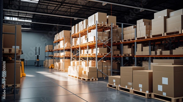 Obraz Distribution center with box packaging on shelves. Large warehouse with packaged goods. Ai art