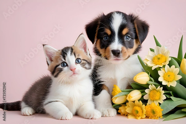Fototapeta A puppy and a kitten smiling with a bouquet of flowers. Generative AI