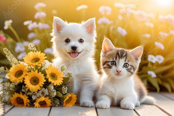Fototapeta A puppy and a kitten smiling with a bouquet of flowers. Generative AI
