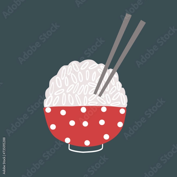 Obraz A bowl of red rice with white dots with chopsticks on a green background, vector illustration.
