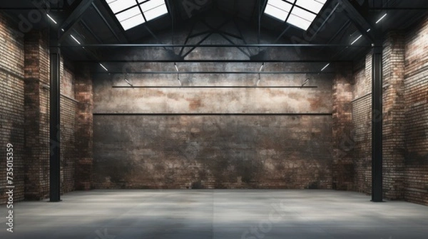 Obraz Empty old warehouse interior with brick walls, concrete floor, and a black steel roof structure