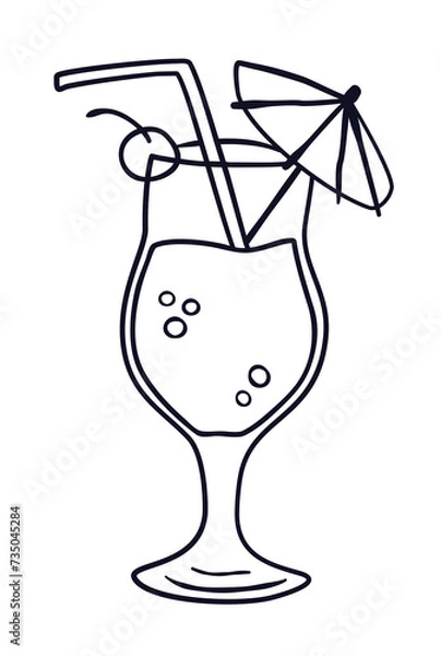 Obraz Doodle hand drawn icon of tropical cocktail with a straw, cherry, bubbles and an umbrella in a transparent glass. Modern concept for menus, banners, flyers of cafes, bars, restaurants