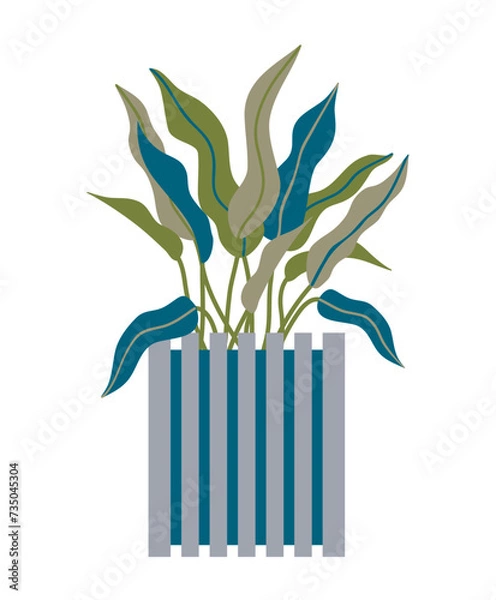 Obraz Houseplant with long leaves in floor pot in cool green and blue colors. Modern trendy retro concept for living room design or poster. Indoor plant concept of domestic greenery. Icon for home interior