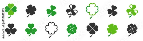 Obraz Clover icon set. St Patrick's day. Green clover icons. Four leaf clover. Vector illustration.