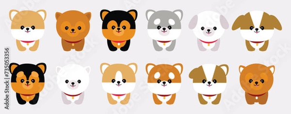 Obraz Cute dogs doodle vector set. Cartoon cutie dog or puppy characters design collection with flat color in different poses. Set of funny pet animals isolated on white background. Brown,black,white,gray