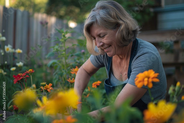 Fototapeta Joyful retired woman gardening in her backyard, surrounded by colorful flowers, focusing on the peaceful and fulfilling activity, natural sunlight casting a warm glow