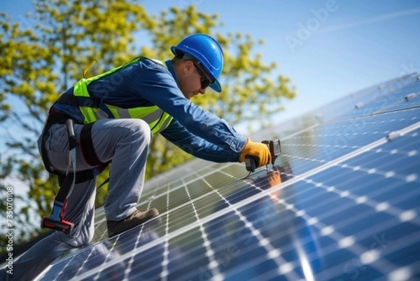 Obraz Technicians and safety equipment install solar panels that represent the energy.