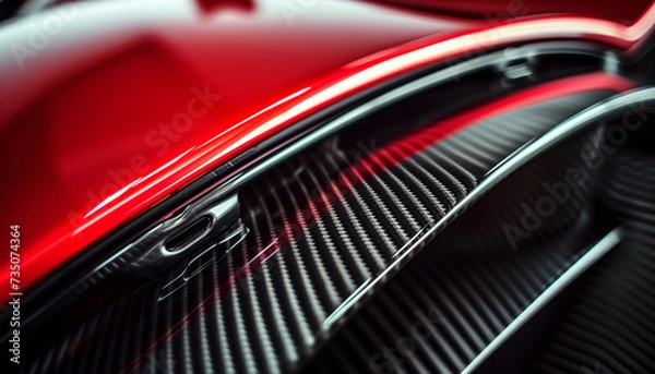 Fototapeta Close-up macro photo of dark, cool carbon fiber material on a red sports car's curves.. Light is reflecting off the material, creating a bright contrast.