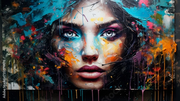 Fototapeta Intense portrait of a woman with a vibrant explosion of colors, suggesting a dynamic fusion of music and art.