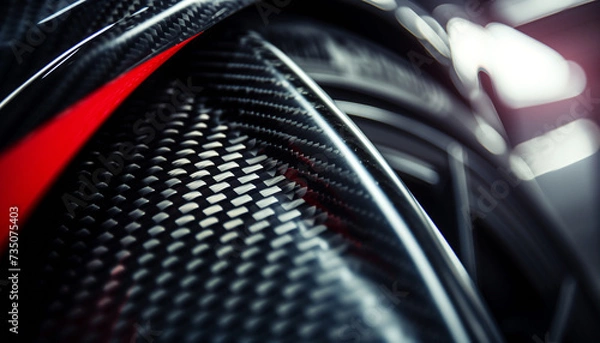 Fototapeta Close-up macro photo of dark, cool carbon fiber material on a red sports car's curves.. Light is reflecting off the material, creating a bright contrast.