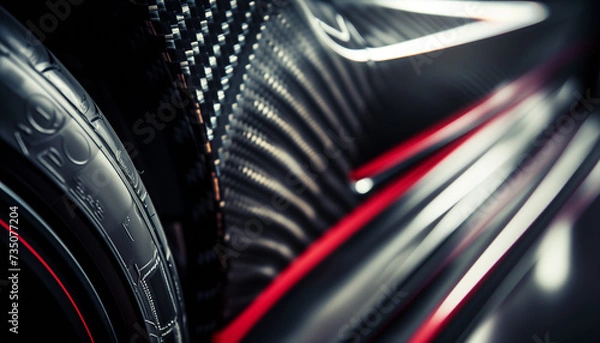 Fototapeta Close-up macro photo of dark, cool carbon fiber material on a red sports car's curves.. Light is reflecting off the material, creating a bright contrast.
