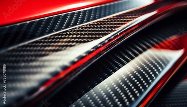 Fototapeta Close-up macro photo of dark, cool carbon fiber material on a red sports car's curves.. Light is reflecting off the material, creating a bright contrast.