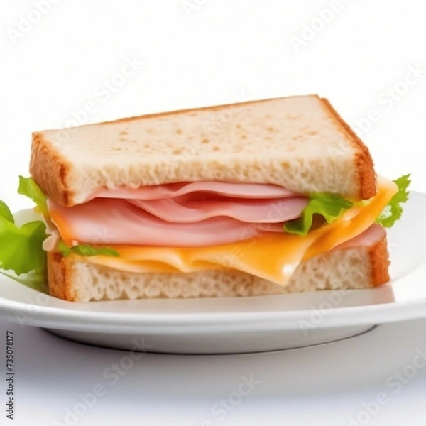 Fototapeta sandwich with ham, cheese and salad on a white plate.